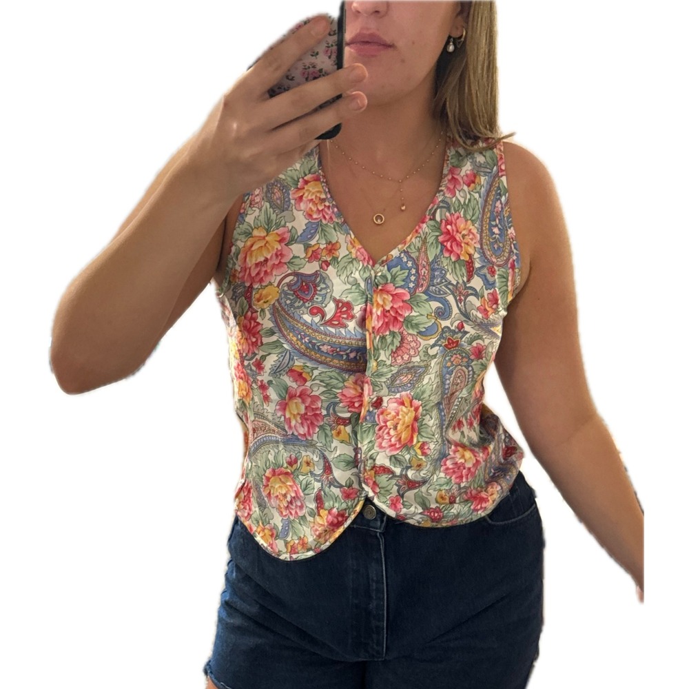 Tesoro Womens Floral Paisley Satin Sleeveless Blouse Vest Top Multicolor size M